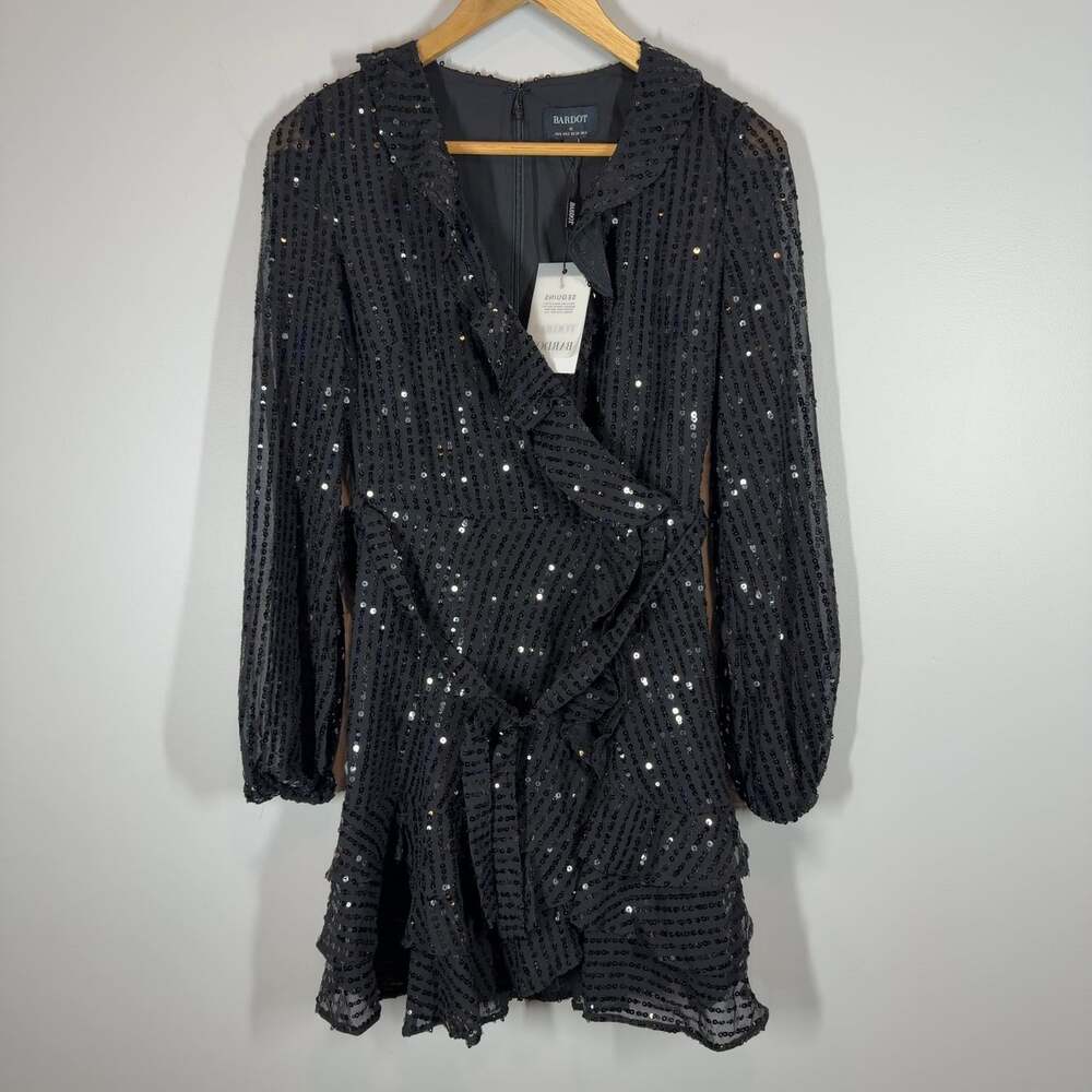 Bardot Black Sequin Triple Frill Wrap Dress XS US 2 NWT Long Sleeve Ruffle NWT